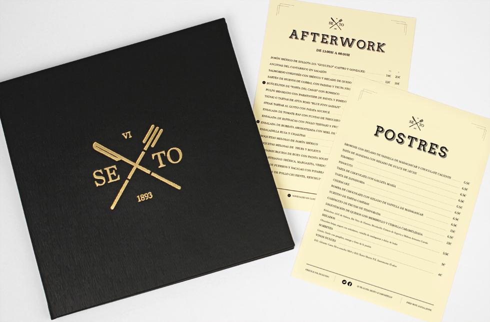 Cubierta Carta Restaurante Sexto y flyers Afterwork y Alérgenos